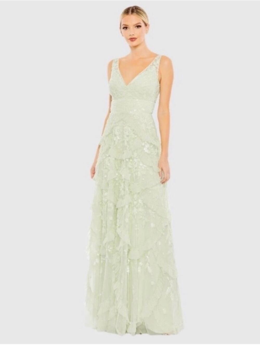 Mac Duggal 9162 Ruffle Skirt Floral Sequin Dress - Sage - 18 - New with tags